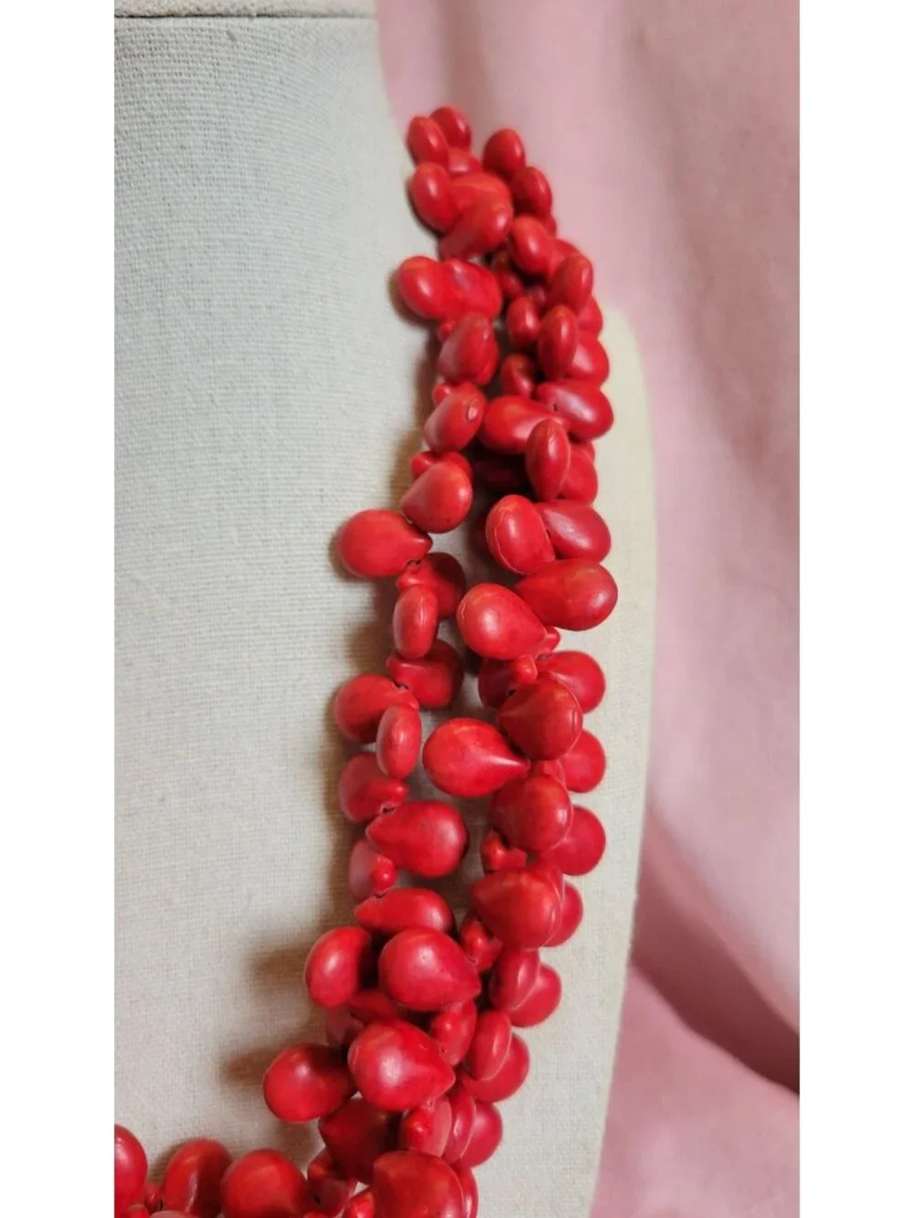 Heavy Red Dyed Faux Coral Look Layered Chunky Beaded Choker Style Necklace N1A